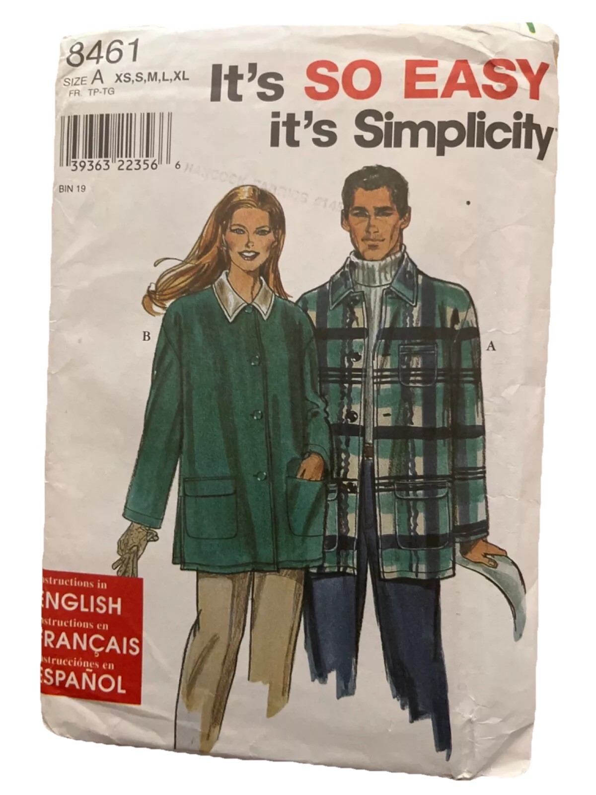 Simplicity 8461 adult teen JACKET size XS-XL UnCut 1998 fabric pattern