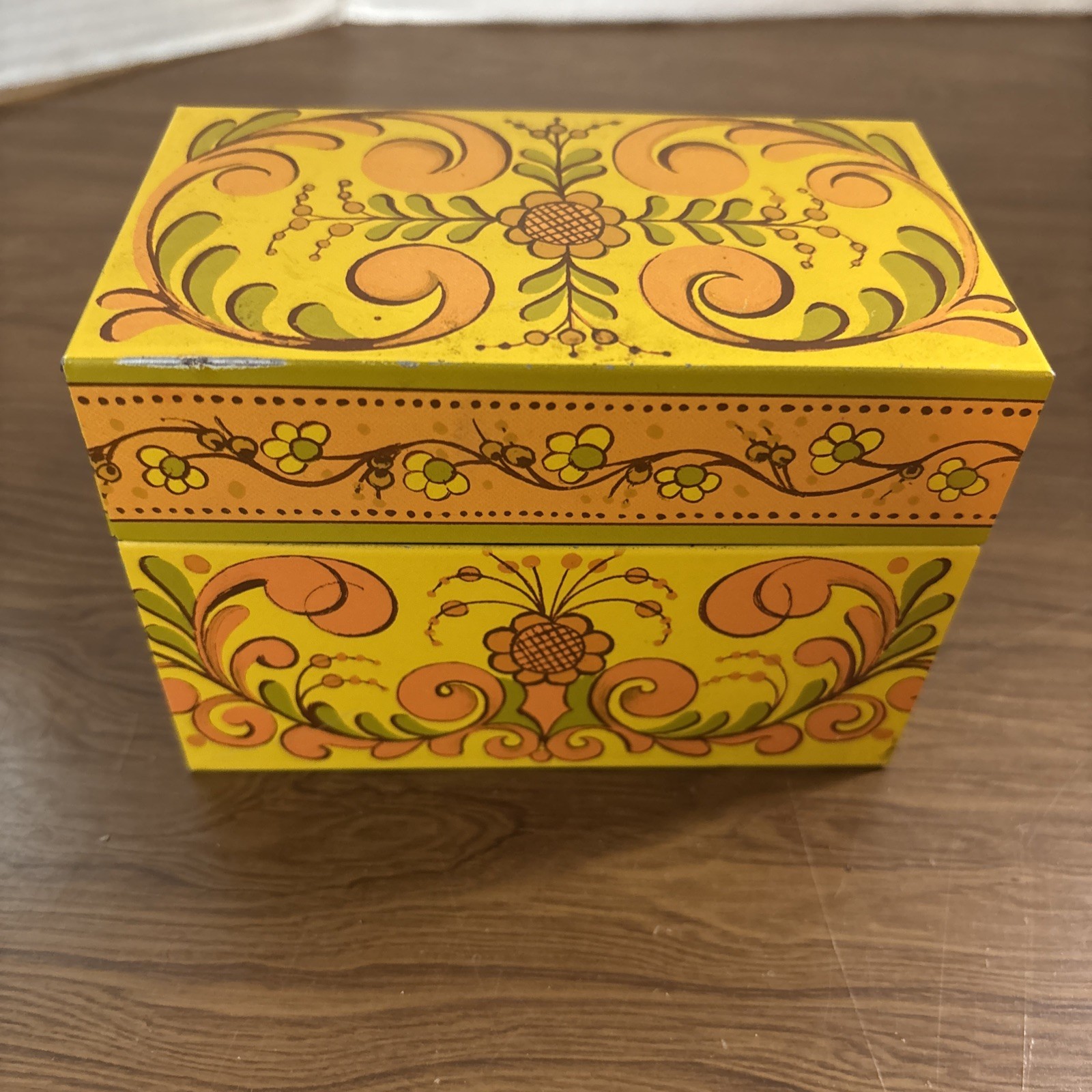 Vtg Avon Recipe Box Yellow Orange Green Retro Mod Kitchen Metal MCM Tin 1970s