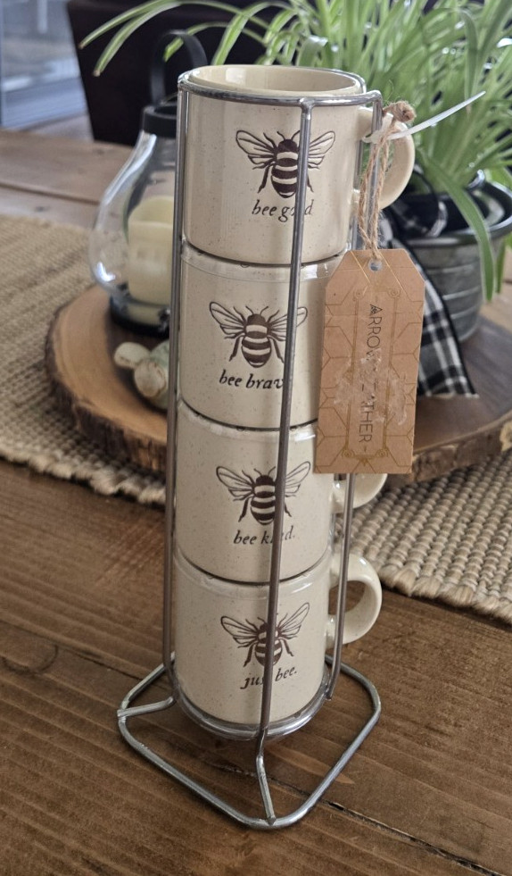 Arrow + Feather Stacking 4 Cups with Rack bee good kind brave just 4 Oz. Each