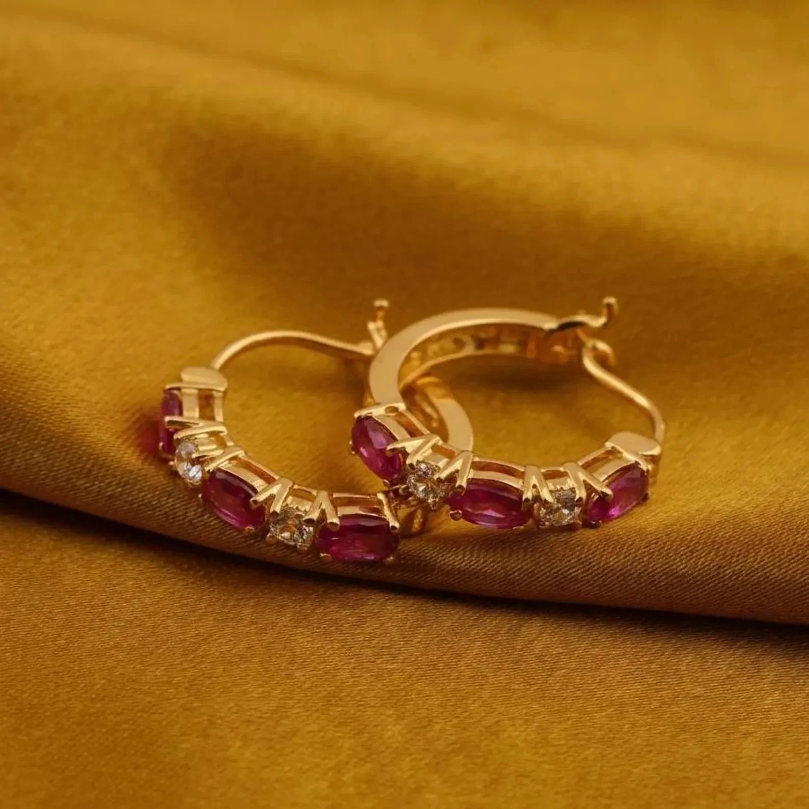 Pink Sapphire Oval & Diamond 14K Yellow Gold Over Huggie Hoop Drop Earrings 2PCS