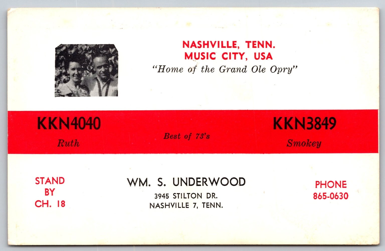 1973 Nashville Tennessee QSL Postcard CB Radio KKN4040 KKN3849 Music City C3