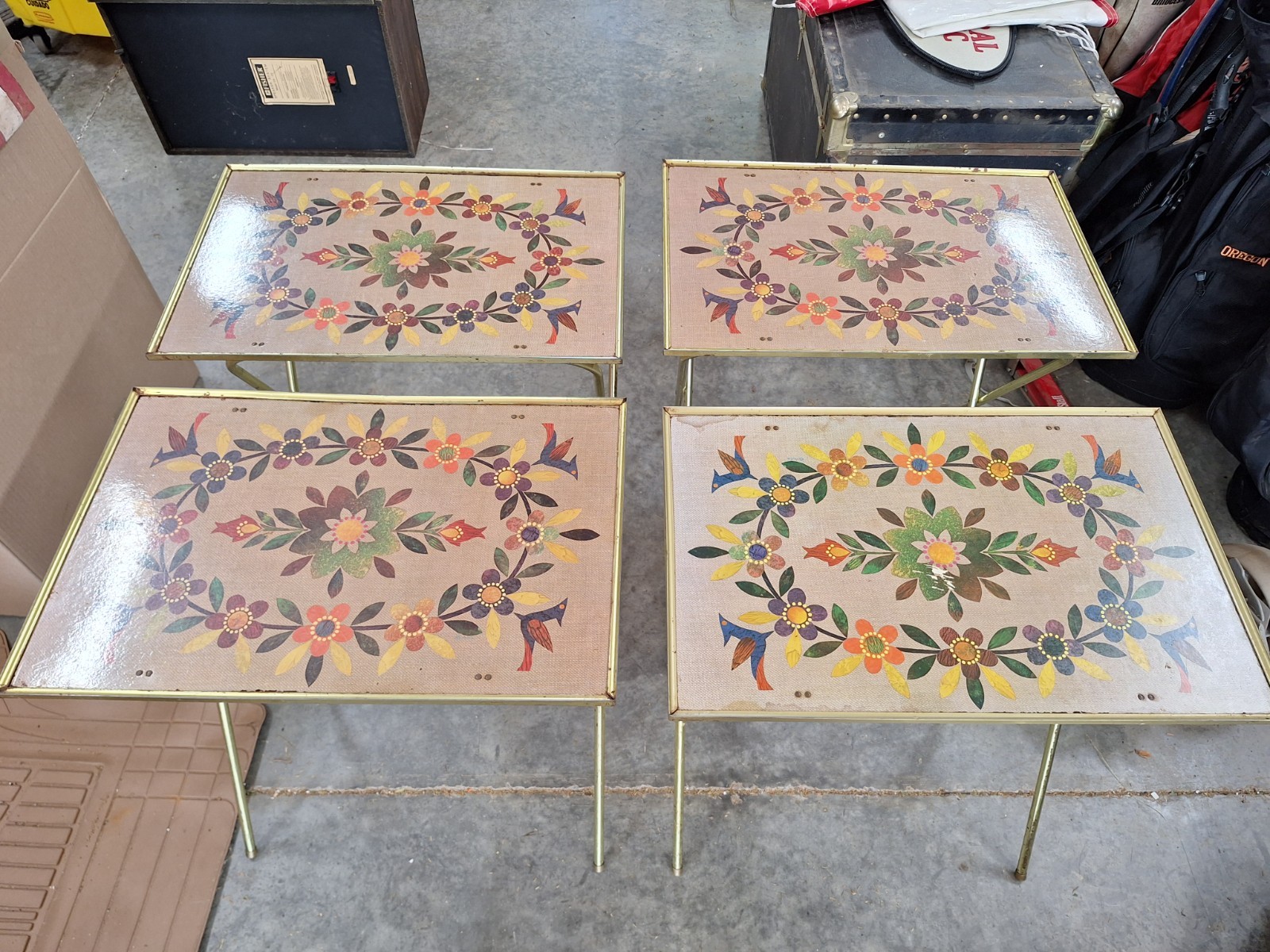 Vintage 1970s Floral Folding TV Tray Table Set w/ Wheeled Stand Retro