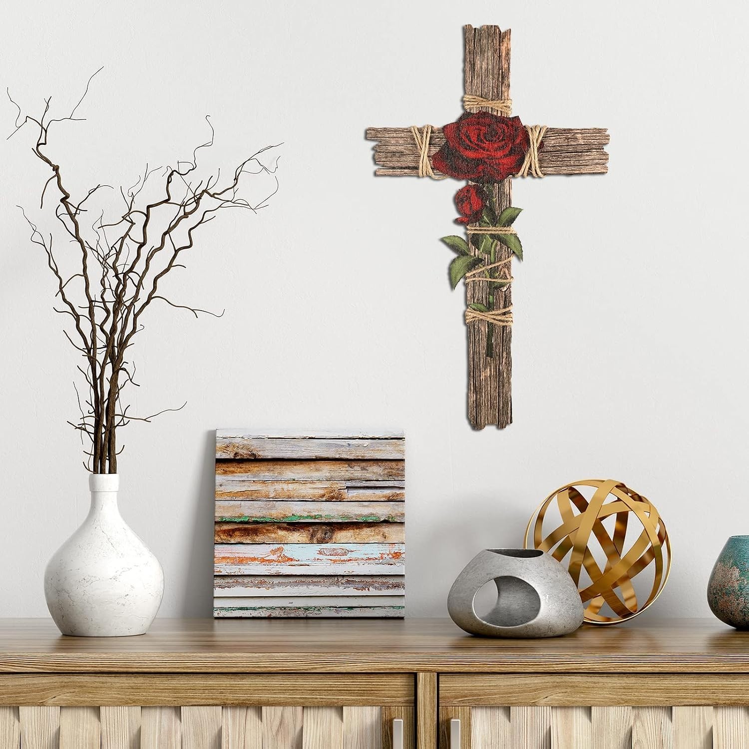 Wood Wall Cross with Hemp Rope Rose Wooden Wall Mounted Holy Cross Art Religious