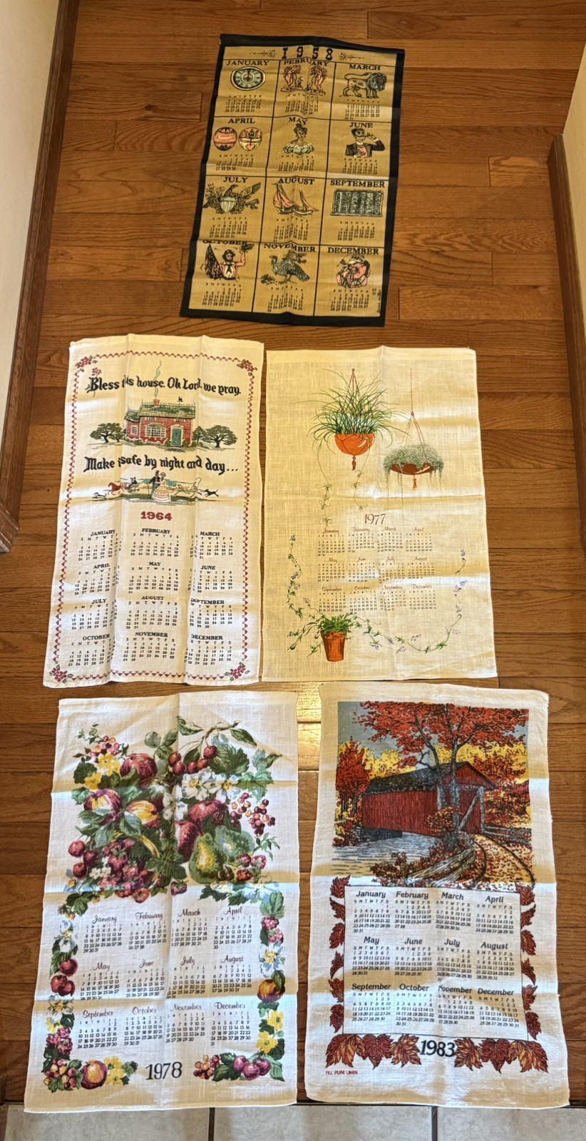Lot of 5 Vintage Linen Calendar Dish Towels Years 1958, 64, 77, 78 and 83