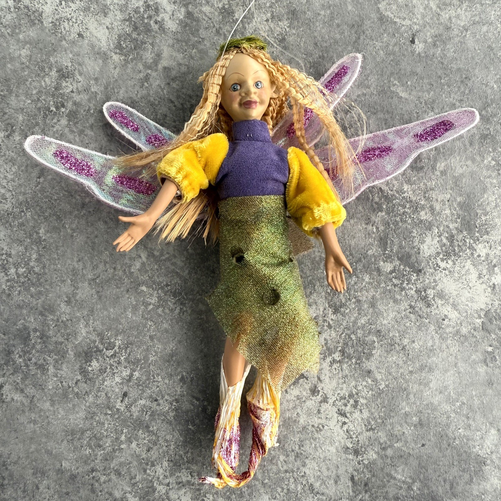 Woodland Spring Fairy Ornament 7.5” Purple Wings Blonde Crimped Hair Blue Eyes