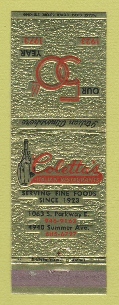 Matchbook Cover – Coletti’s Italian Restaurant 1973 Memphis TN