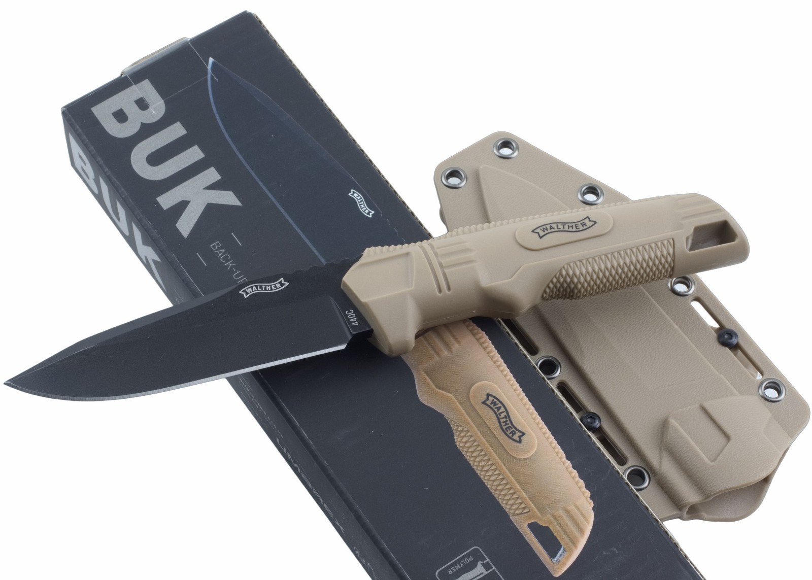 Walther BUK Back Up Black Plain Edge Fixed Blade Knife 50894 Tan Nylon Handle