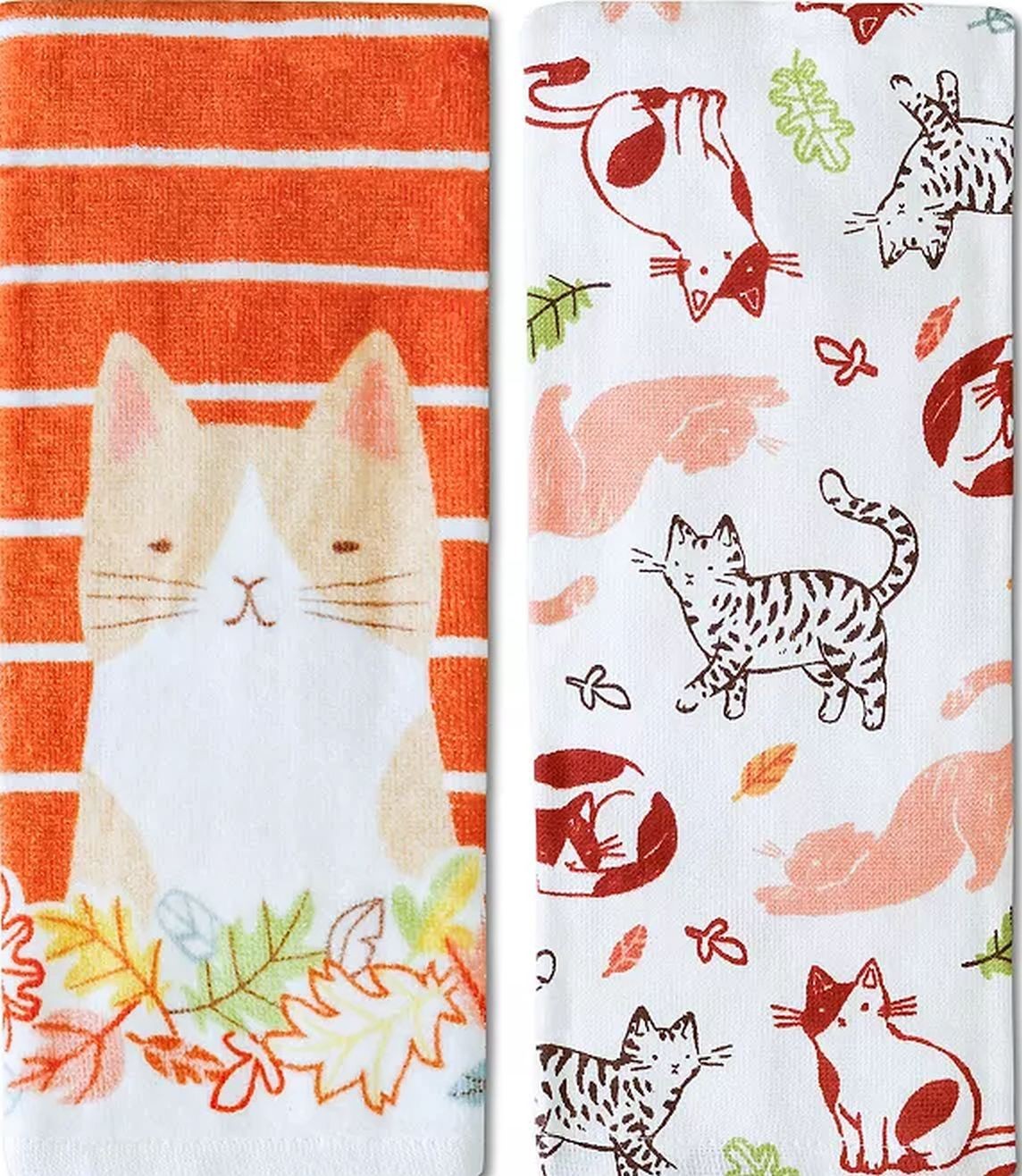 Set of 2 Different Kitchen Terry Towels (15″x26″) CATS & FALL LEAVES, KO