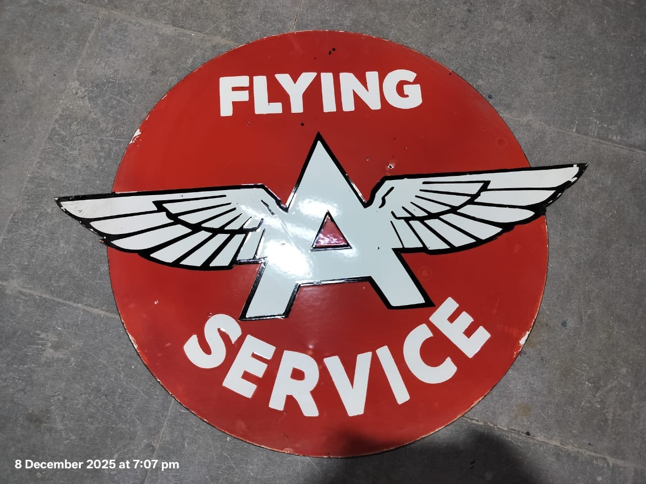 PORCELIAN FLYING A ENAMEL SIGN SIZE 30 INCHES DOUBLE SIDED