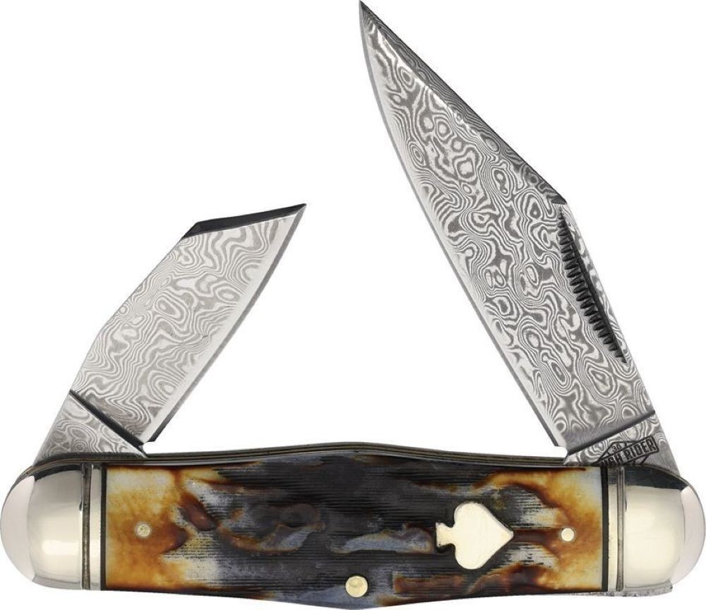 Cinnamon Stag Bone Handle Swell Center Jack Damascus Blade Folding Pocket Knife