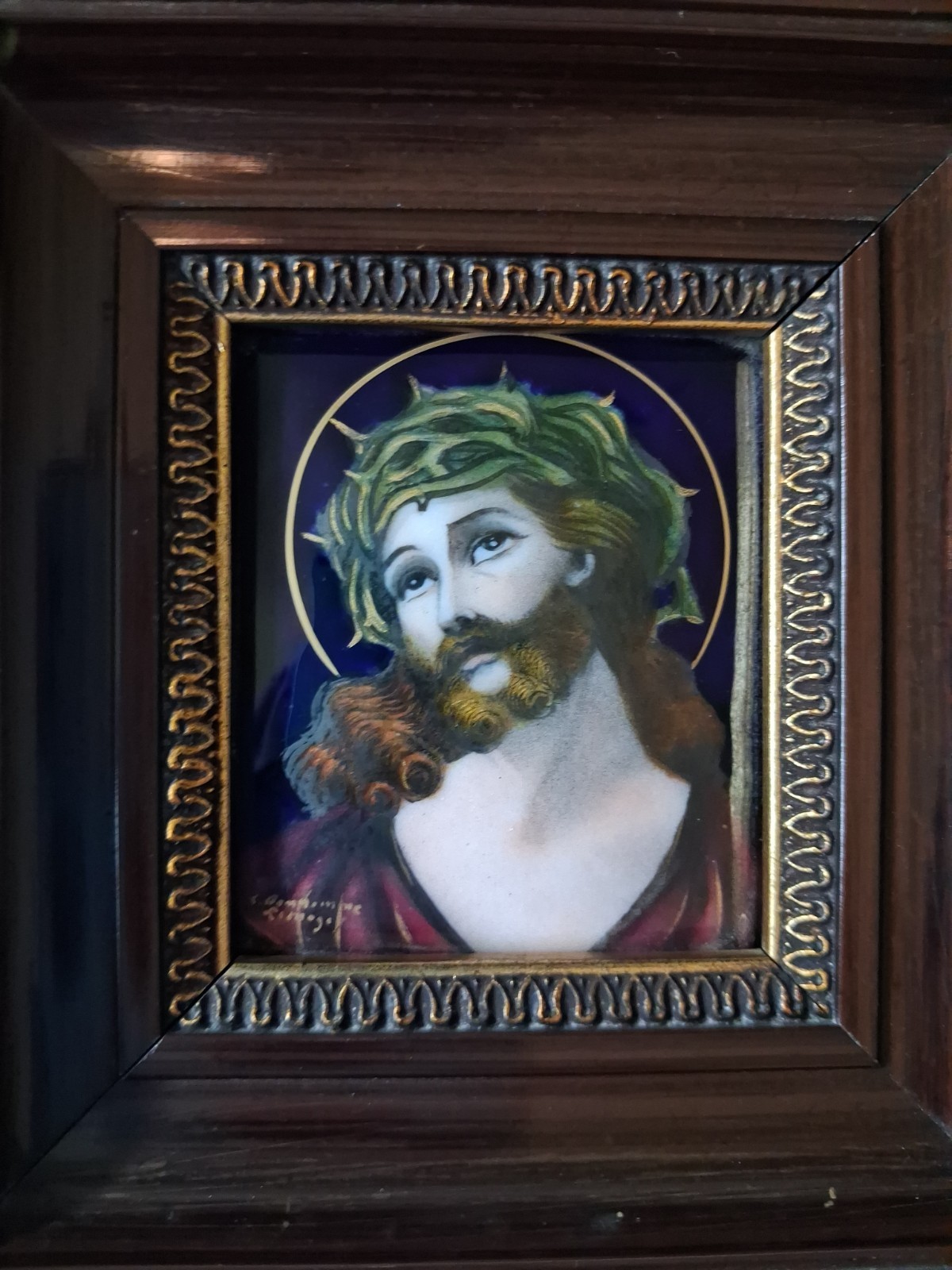 Vintage R Bonhomme Limoges Enamel on Copper Christ Painting Miniature Framed