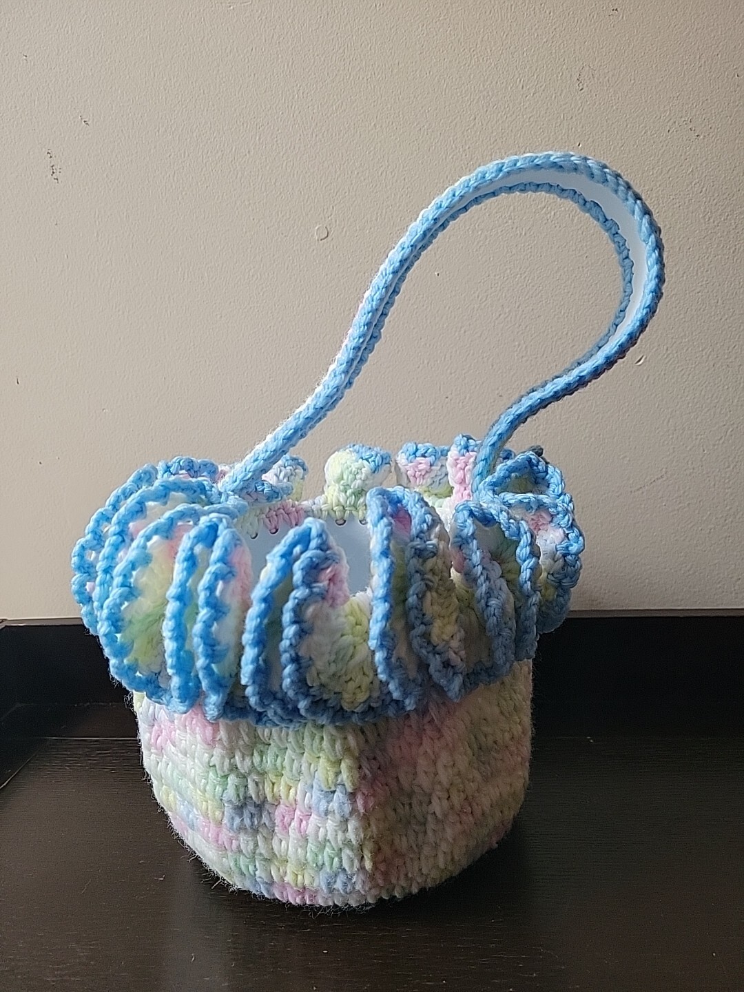 Crochet Easter Gift Basket Pastel Vtg Handmade Plastic Base Decor Egg Hunt