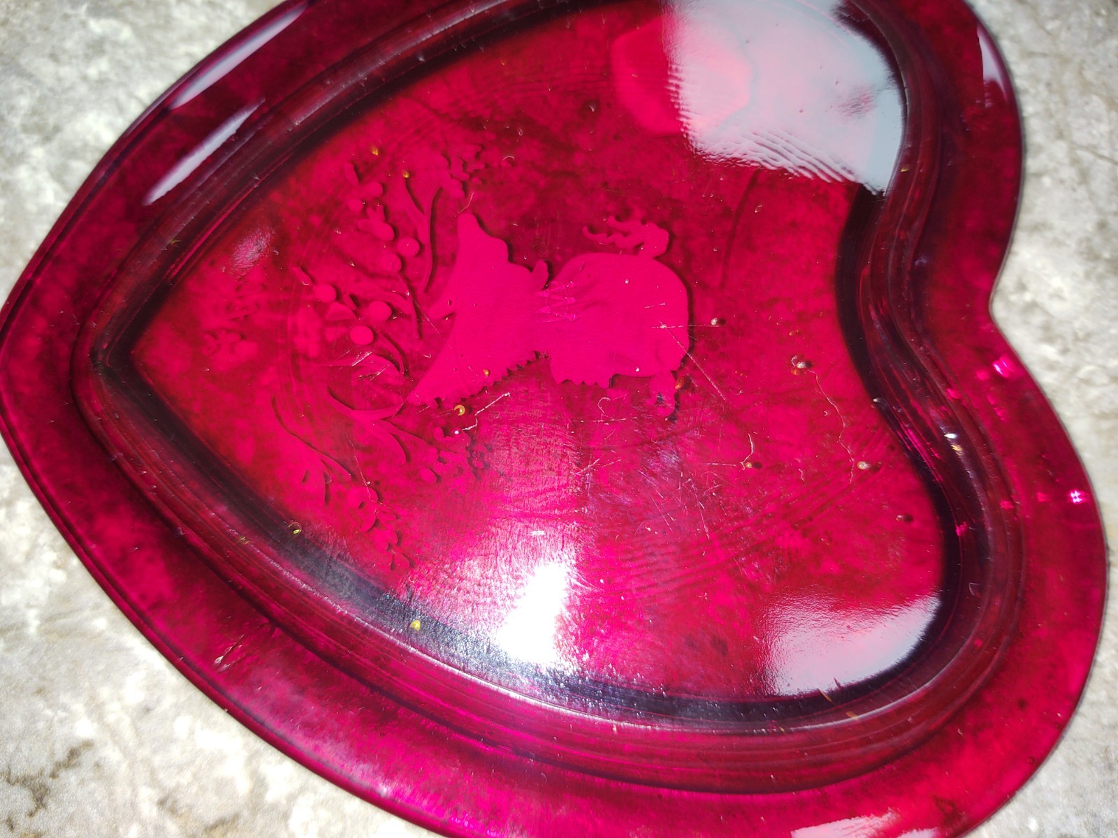 VTG Westmoreland Hand Painted Lady Ruby Red Heart Shaped Dish L Plues Signed Tag
