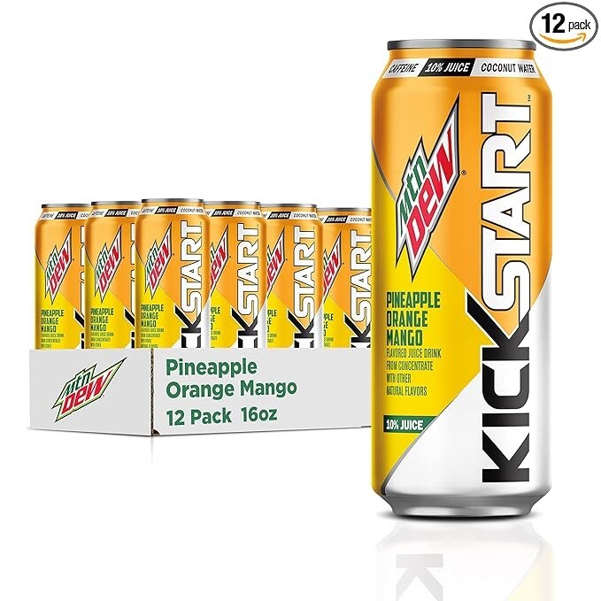 Mountain Dew Kickstart, Pineapple Orange Mango 10% Juice 16 fl oz (Pack of 12)