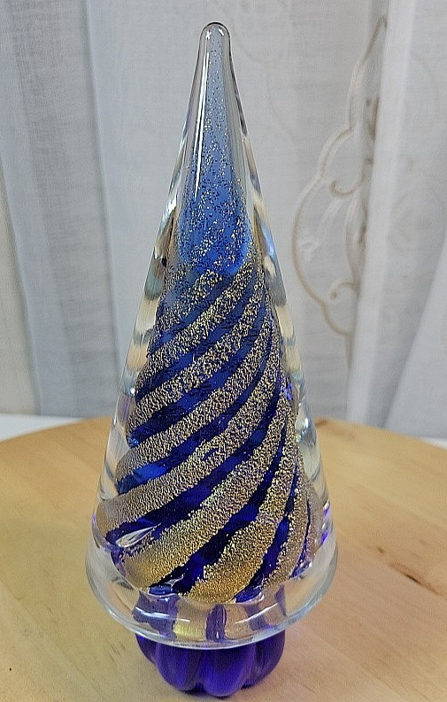 Italian Murano Cobalt Blue,Clear & Gold Swirl Art Glass Christmas Tree 7.5” EUC