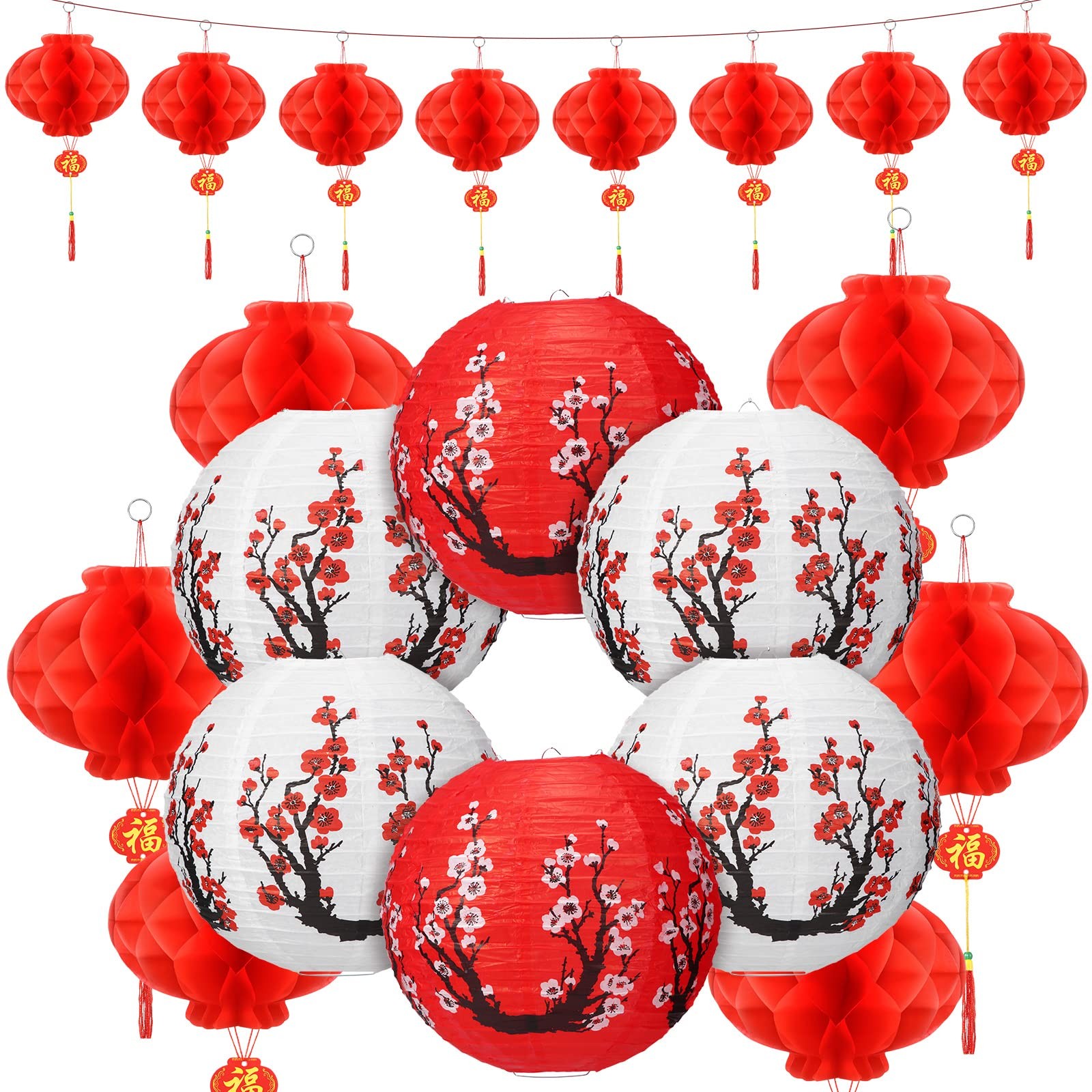 Fumete 20 Pcs 12″ Chinese Japanese Paper Lanterns and 8″ Red Red, White