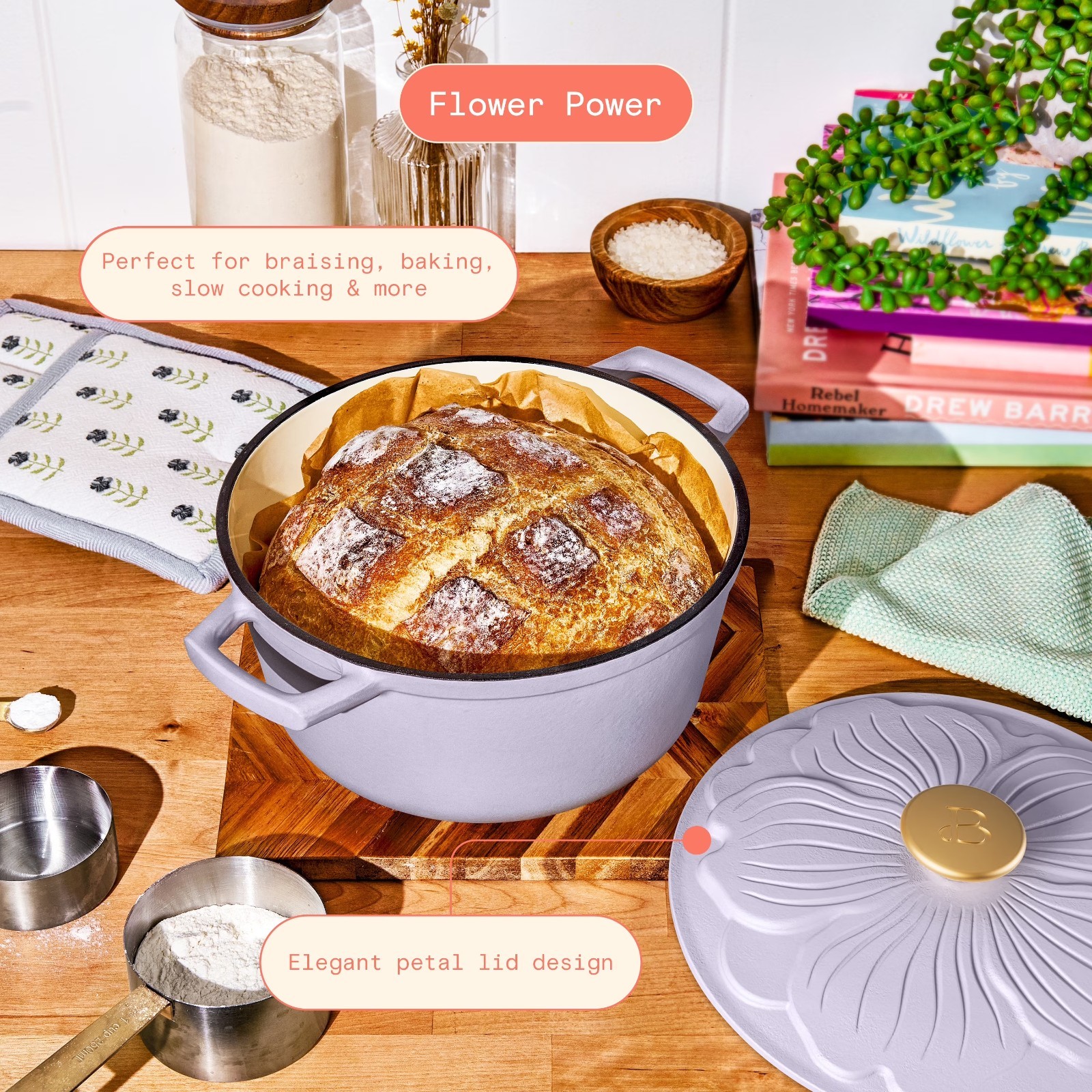 Beautiful 4 Quart Enameled Cast Iron Round Dutch Oven with Petal , Lavender