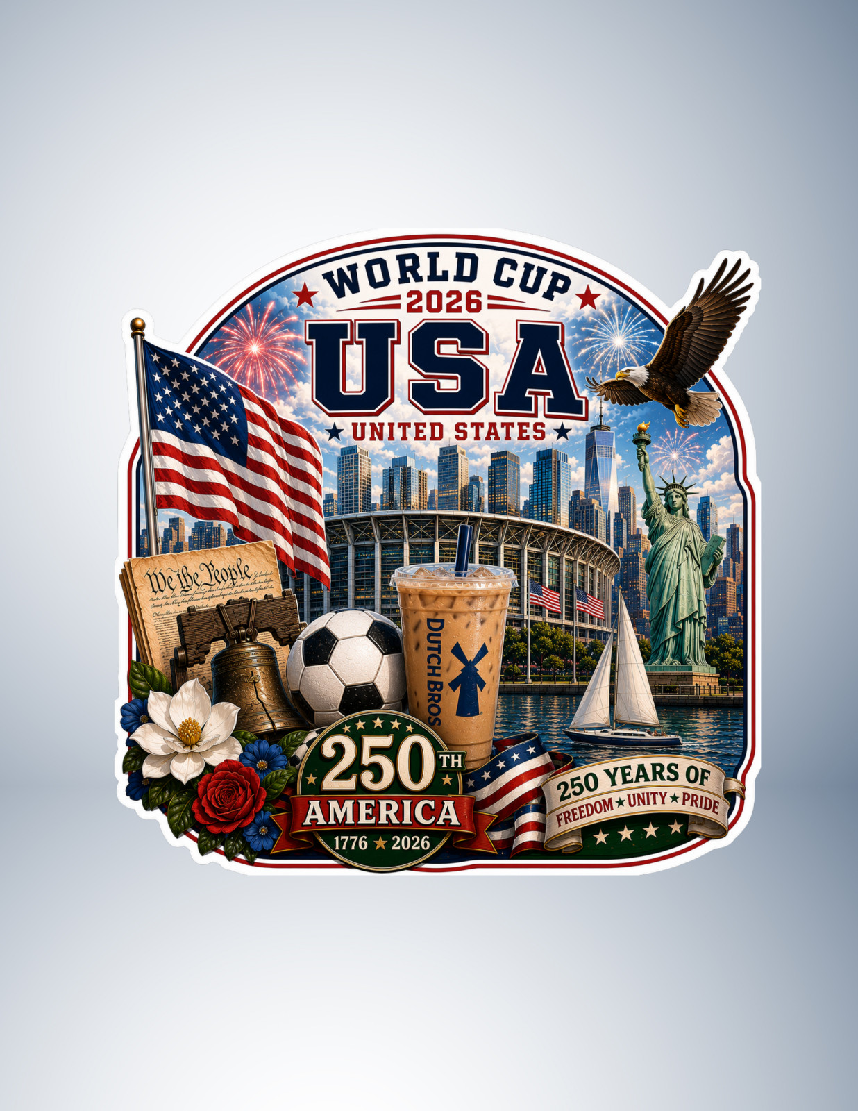 DUTCH BROS Sticker Soccer World Cup USA 4th of July 250 Celebration Fireworks