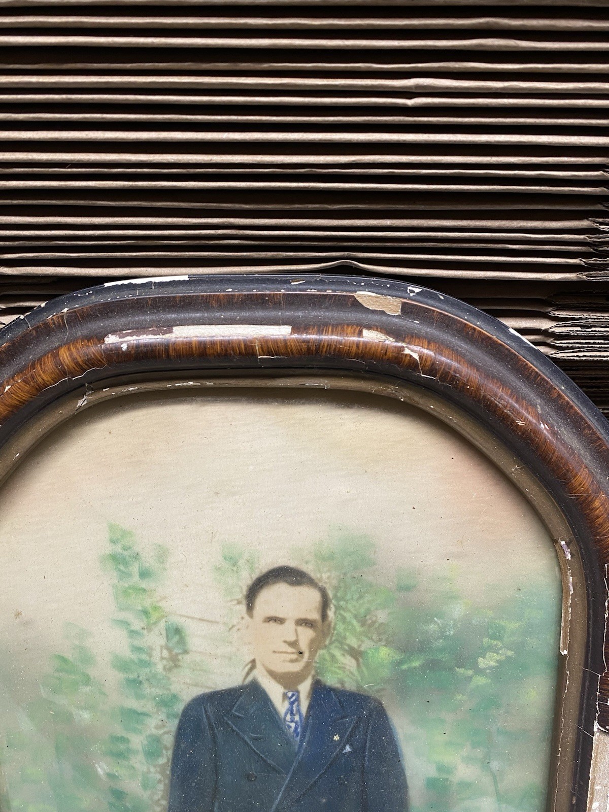 Antique Oval Curved Bubble Convex Glass Chipped Wood Picture Frame 17”x11.5”