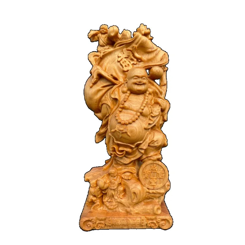Cypress Wood Happy Buddha Statue, Maitreya Figurine, Big Belly Decor, Fortune