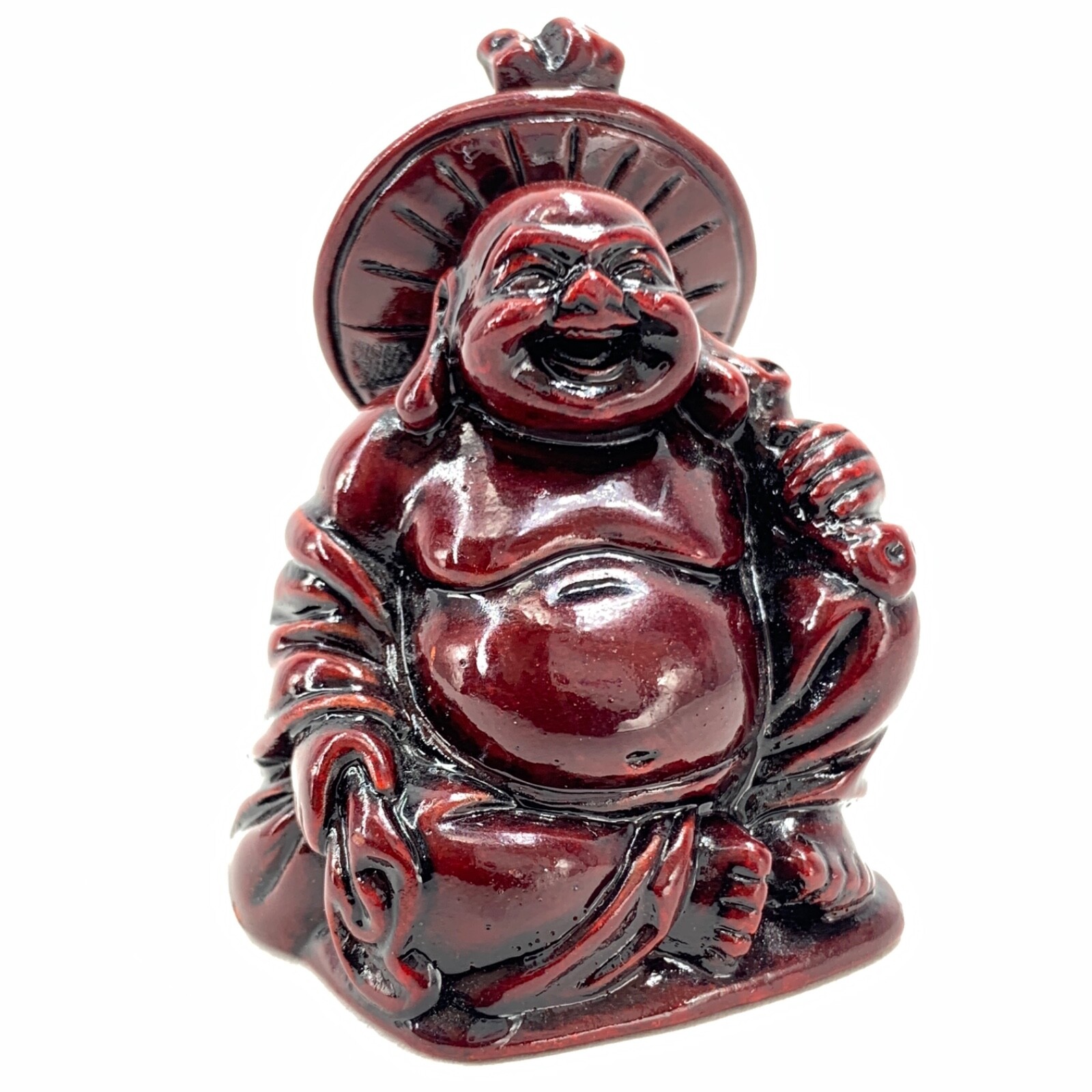 Red Resin Buddha Happy Laughing 2″ Figurine Statue Paperweight Hat Sitting Belly