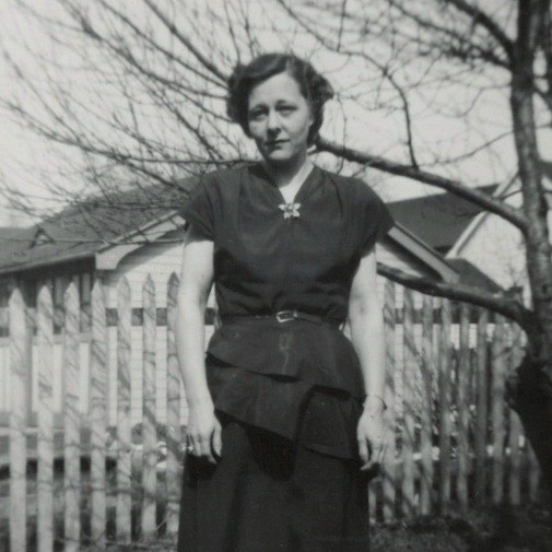 Retro 1940s Mom in Backyard 1949 Found Photo Suburban Lady Picket Fence Tree VTG