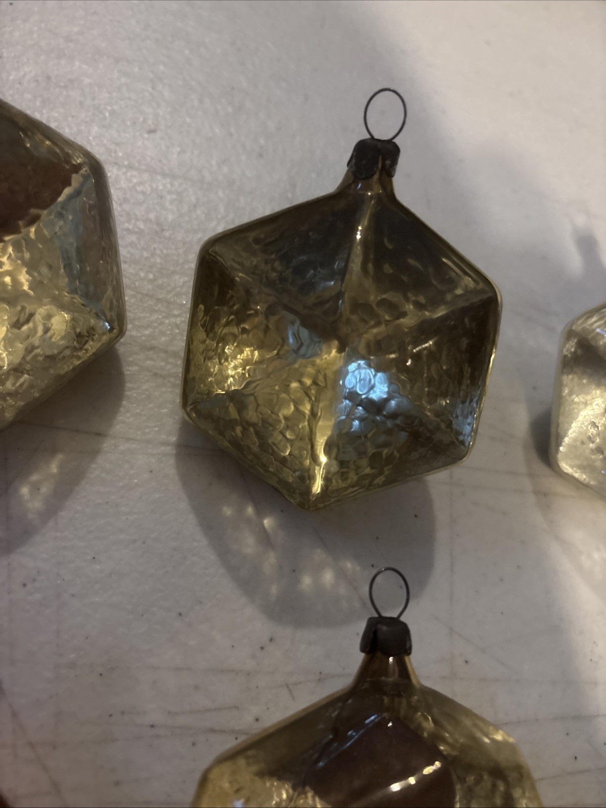 Set of 6 Vtg Ice Glass Geometric Hexagon Russian Christmas Ornaments ~3” Approx