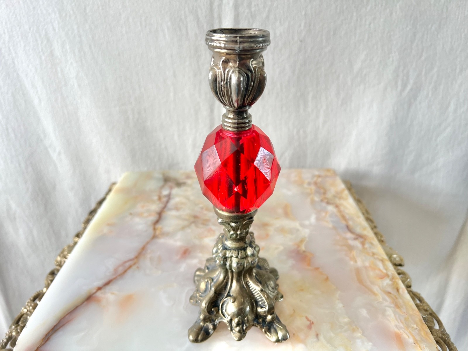 Vintage 1960’s Red Lucite Candle Holders Silver Tone Gothic Baroque Set