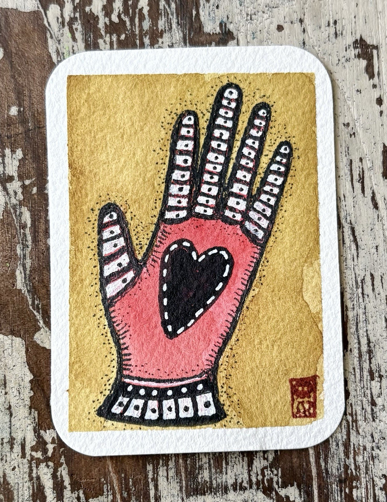 ACEO Original Signed Watercolor Painting Hand Palm Reader Folk Art Style