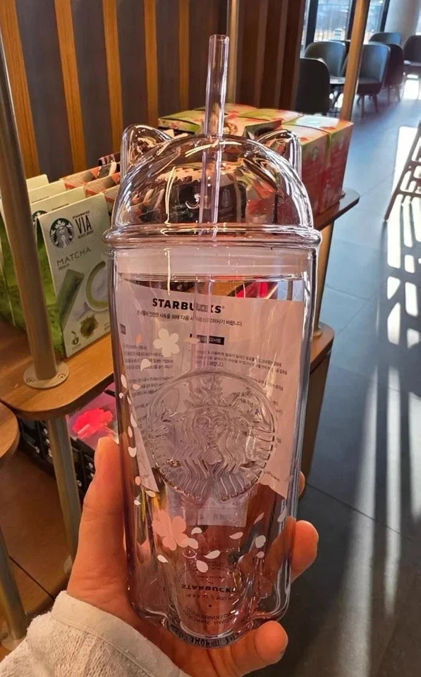 2026 New Starbucks Korea Cherry Blossom Cat Glass Cold Cup 500ml Sakura Tumblers