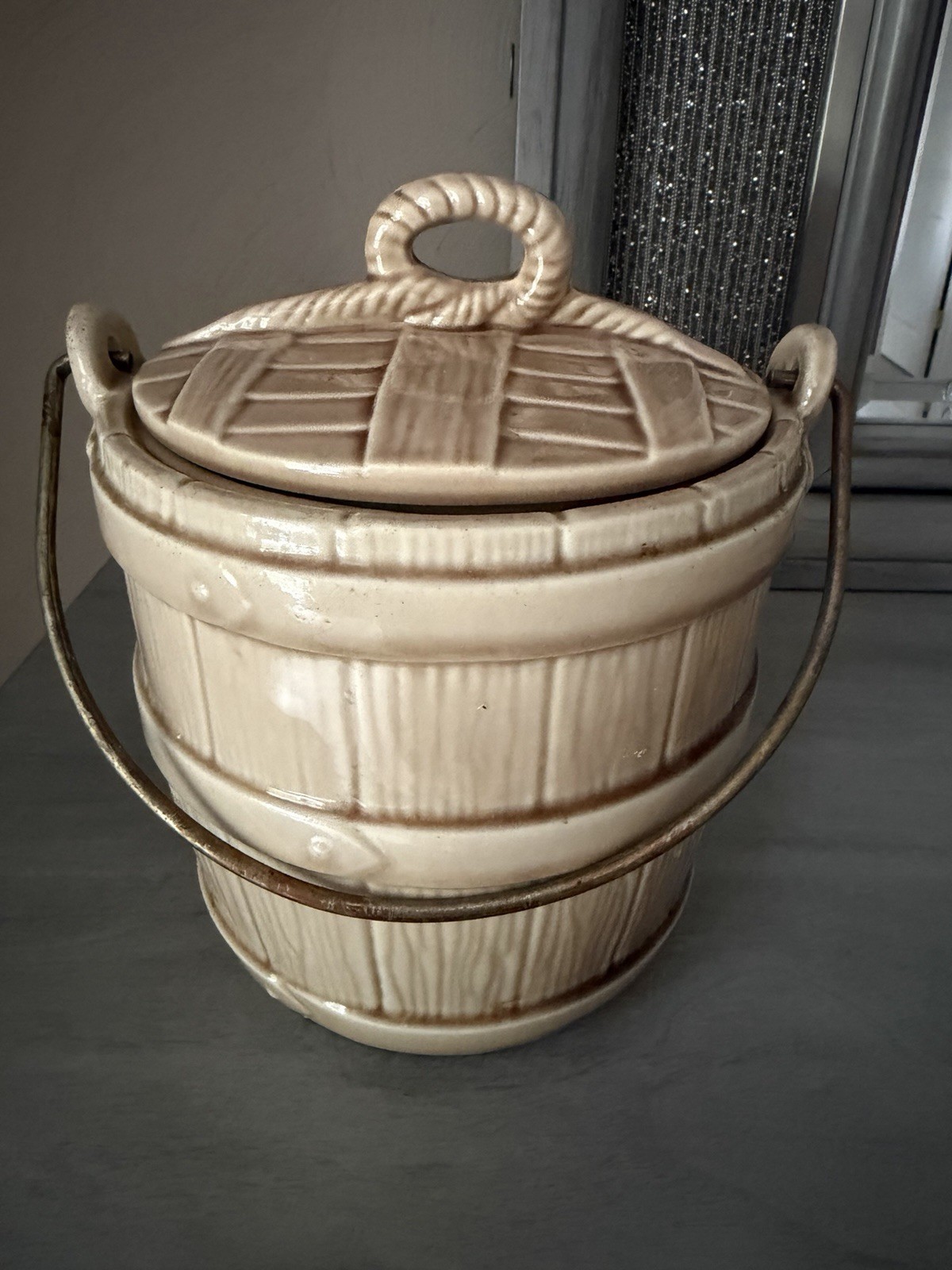 Vintage 1950s McCoy Pottery Oaken Bucket Cookie Jar With Metal Handle