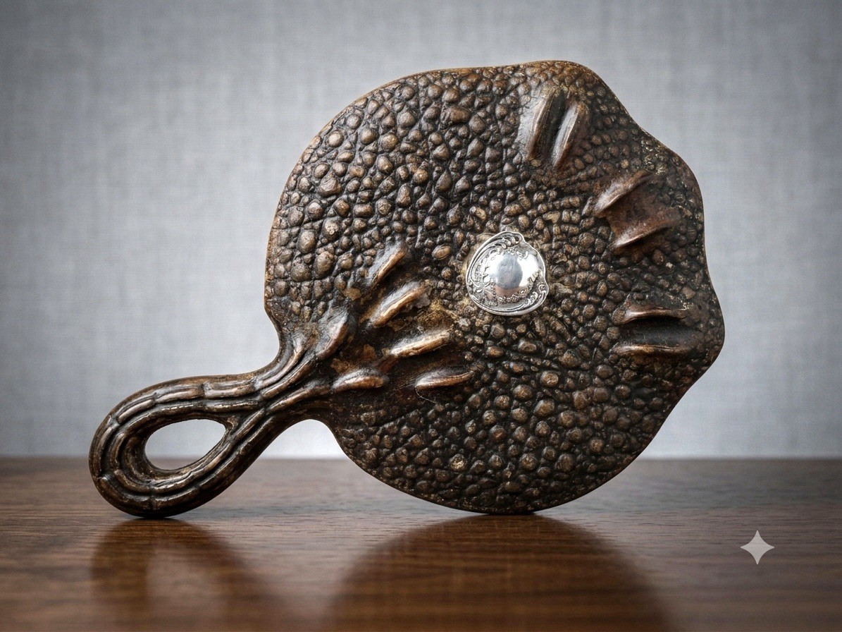 c1900 Victorian Edwardian Faux Shagreen Reptile Skin Vanity Hand Mirror Sterling