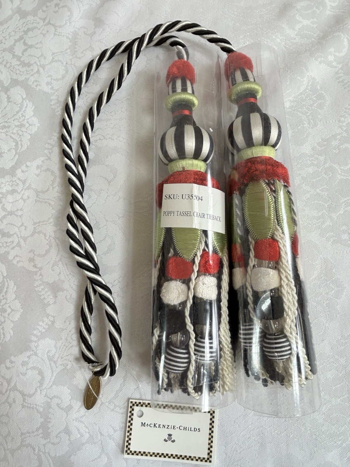 Mackenzie Childs POPPY Black/White Double Tassel Chair/Curtain Tieback 50″ m26-5