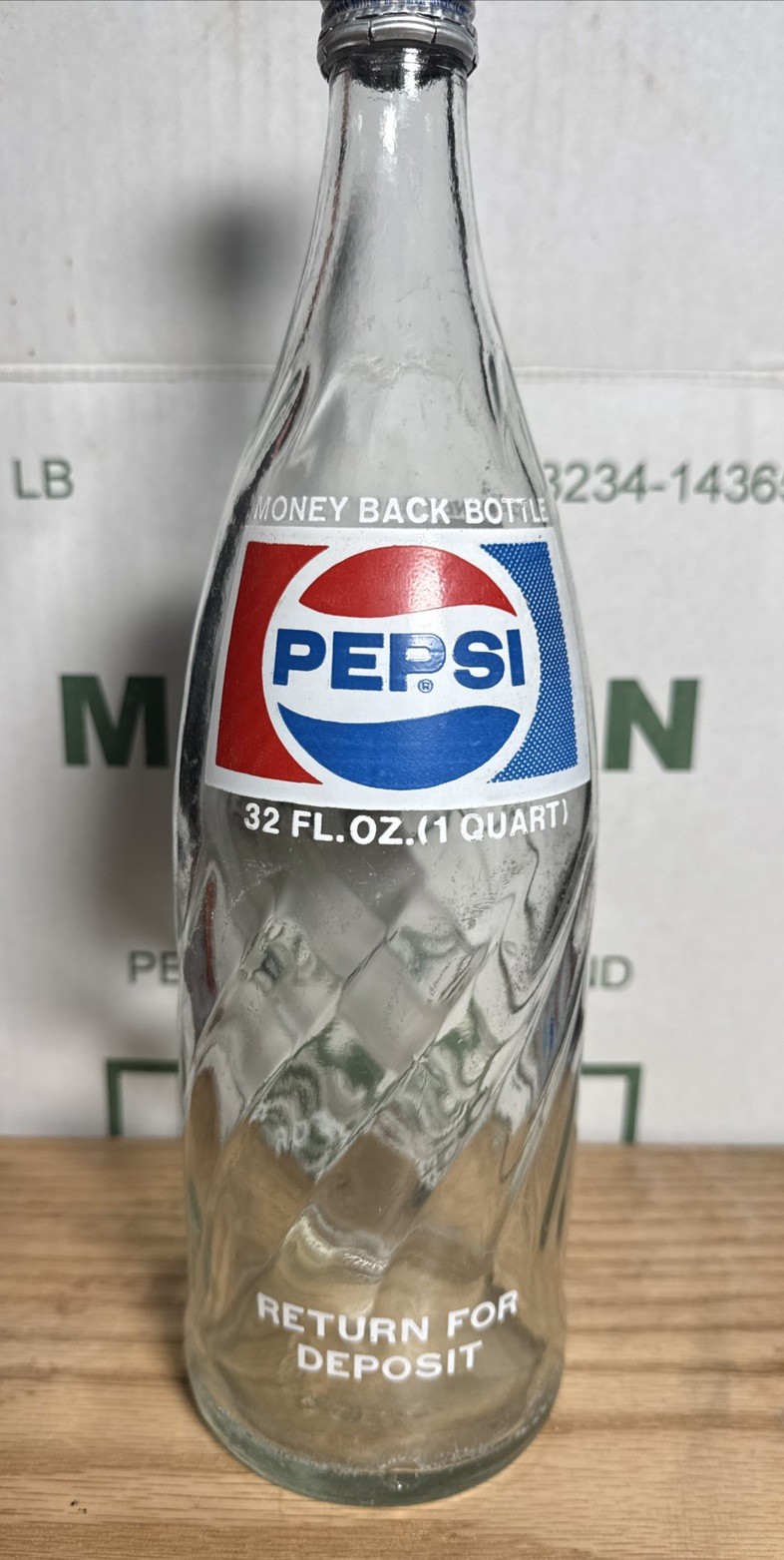 Diet Pepsi Cola ACL Return Deposit Money Back 32oz Glass Bottle with Cap;VTG