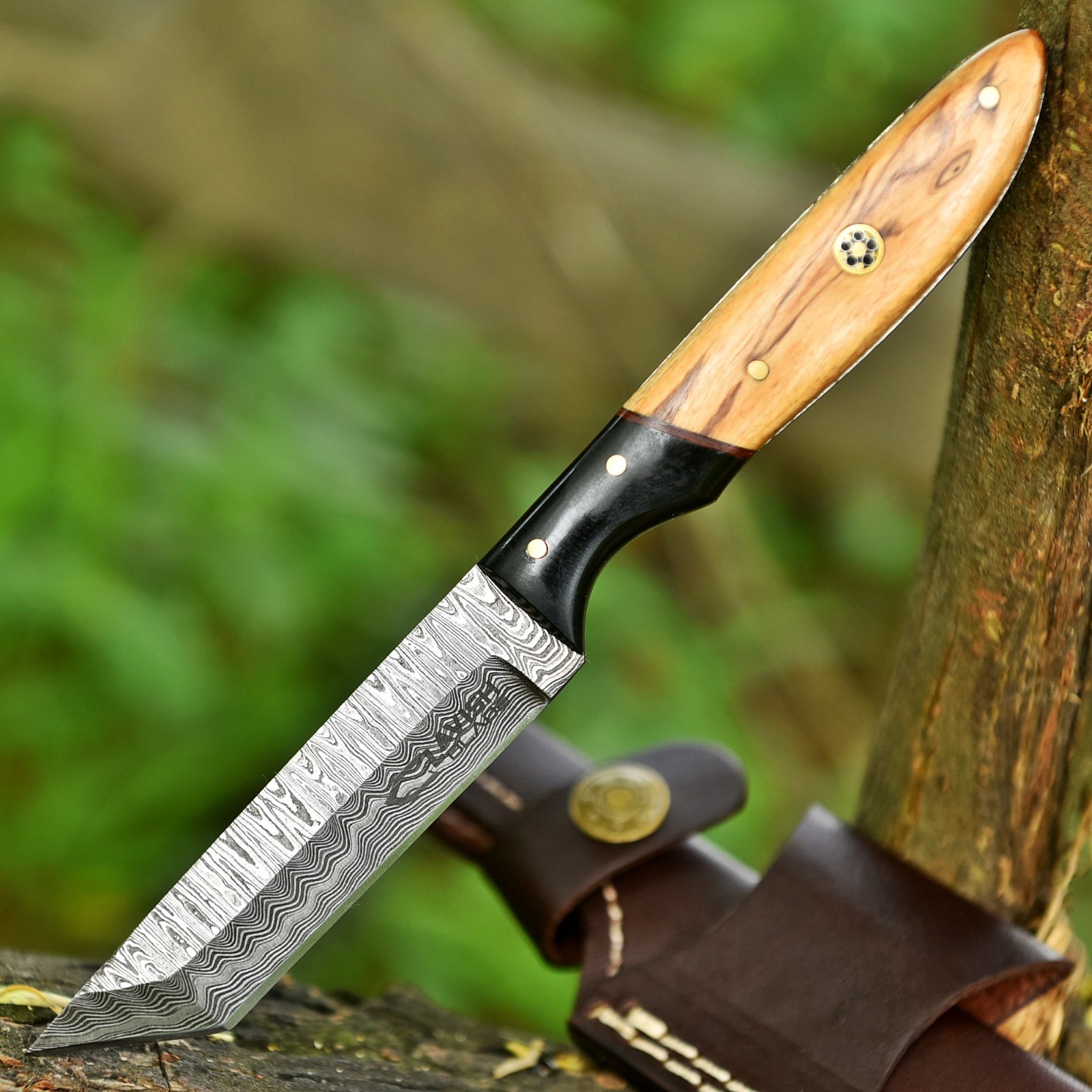 handmade damascus Razor Sharp bushcraft Hunting knife Olive Handle with Sheath