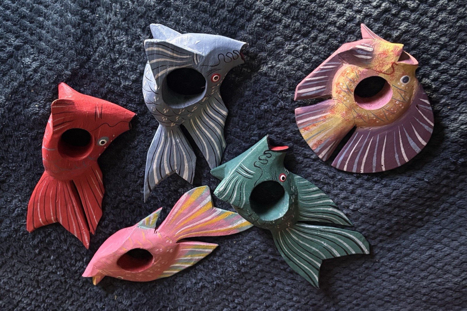 Hand Painted Multicolor Wooden Fish Napkin Rings Set of 5 Animal Theme