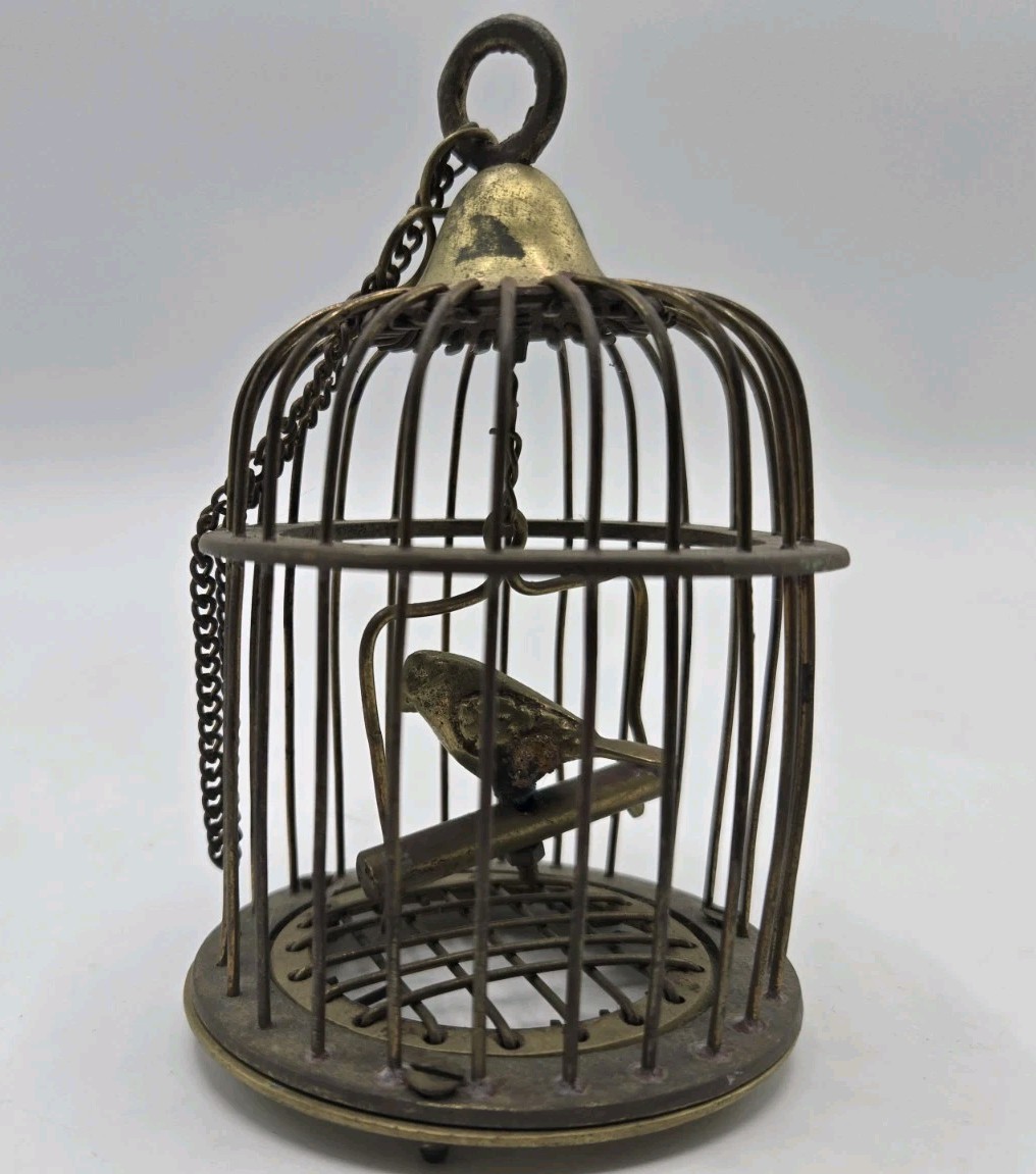 Vintage Bird In Cage Brass Decor 5”x 3.5” Made In India Brass