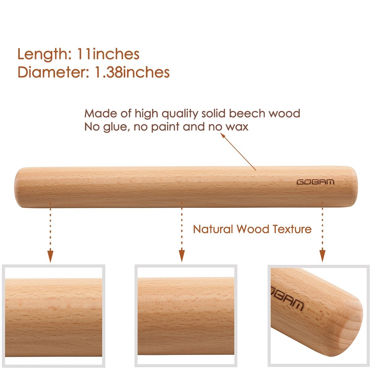 GOBAM Wood Rolling Pin, Small – Dough 11*1.38inch, Natural (11*1.38 inches)