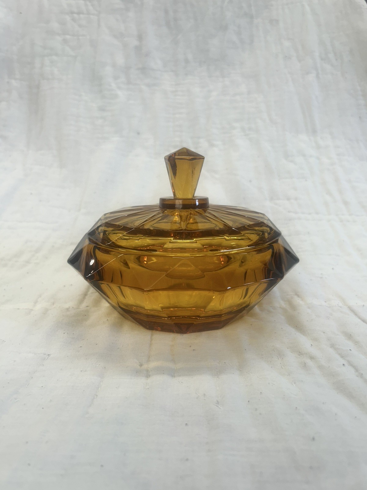 Vintage Viking Glass Amber Diamond Point Covered Candy Dish Lid Included