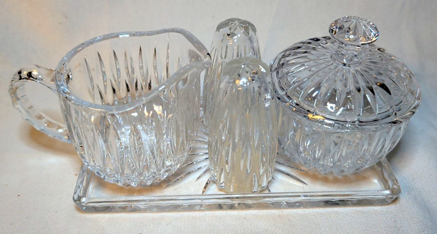 Princess House Royal Highlights Lead Crystal Sugar, Creamer, Tray, Salt & Pepper