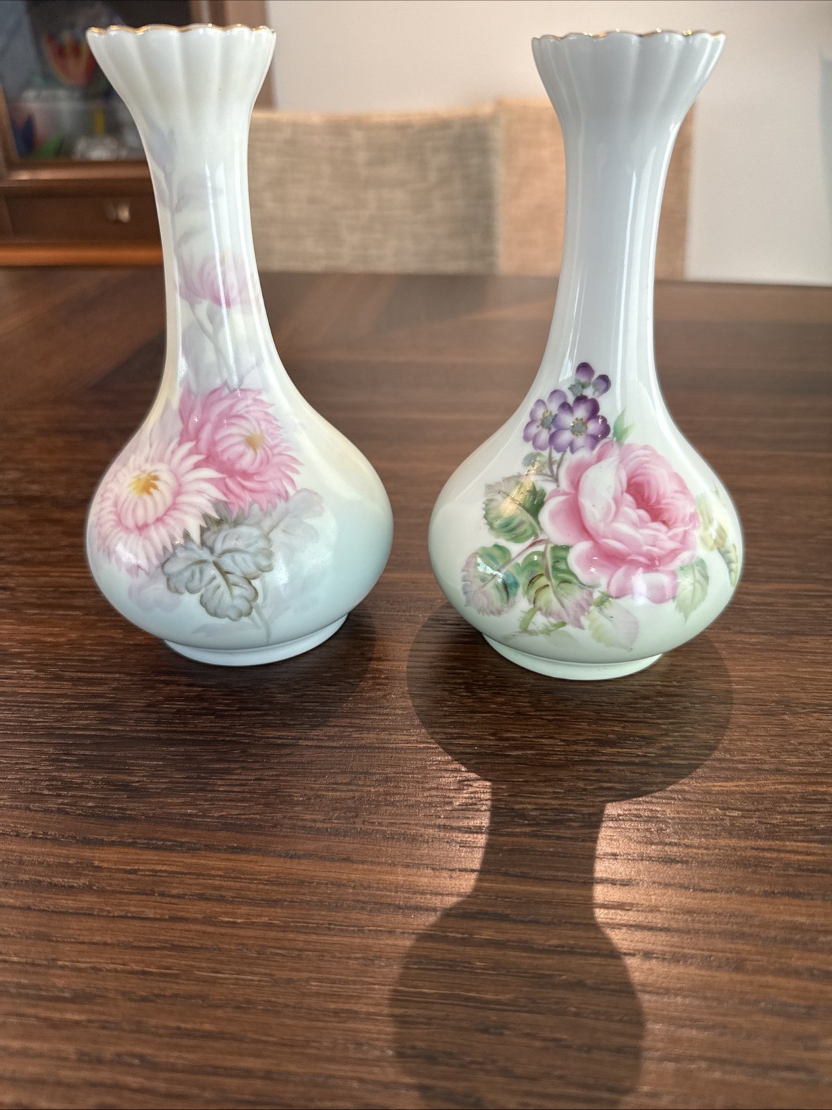 Noritake Morimora Pair Bone China Flower Vases W/Gold Trim Hand Painted Japan