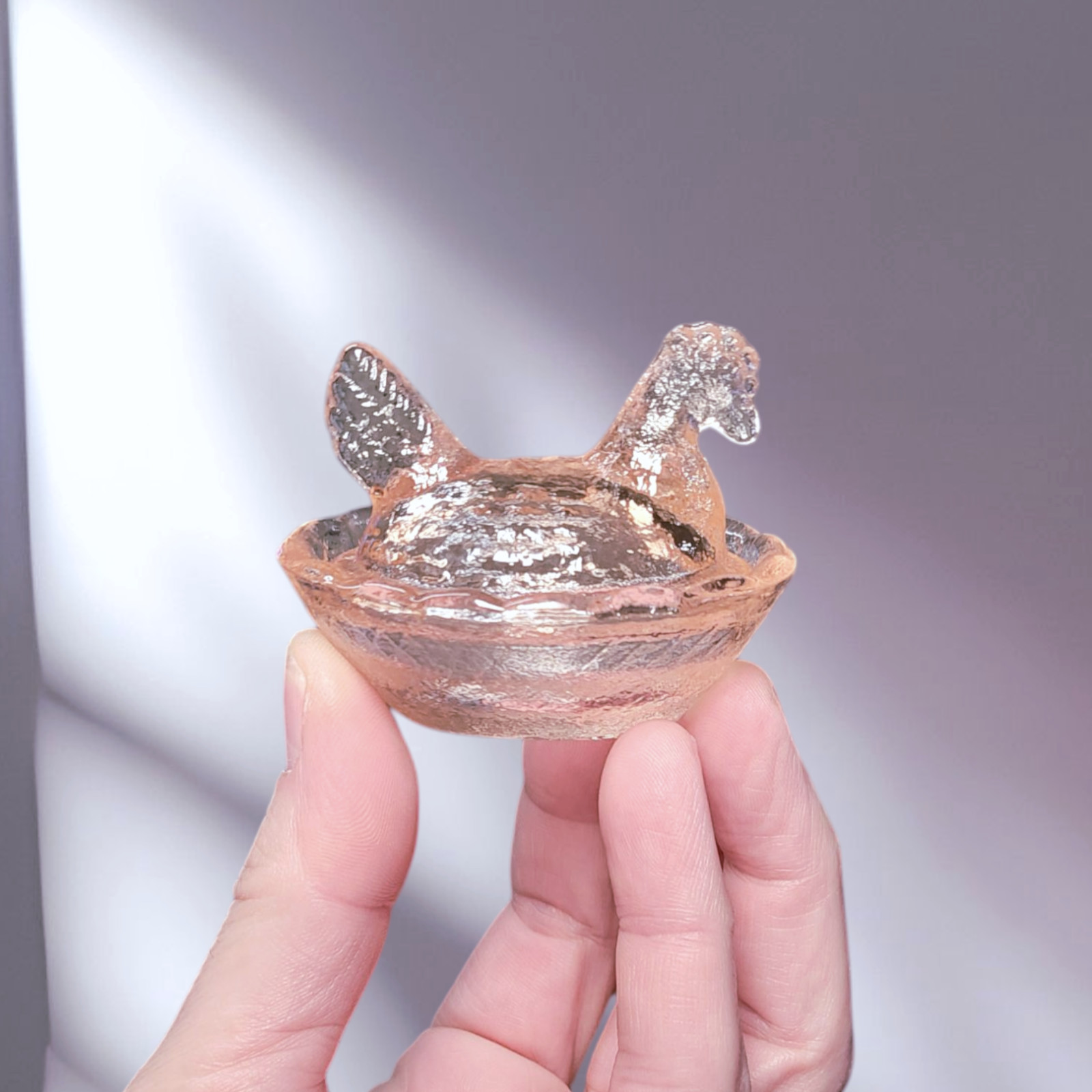 Hen on Nest Chicken Mini Salt Dish, Pink Depression Style Glass, Kitchen Decor