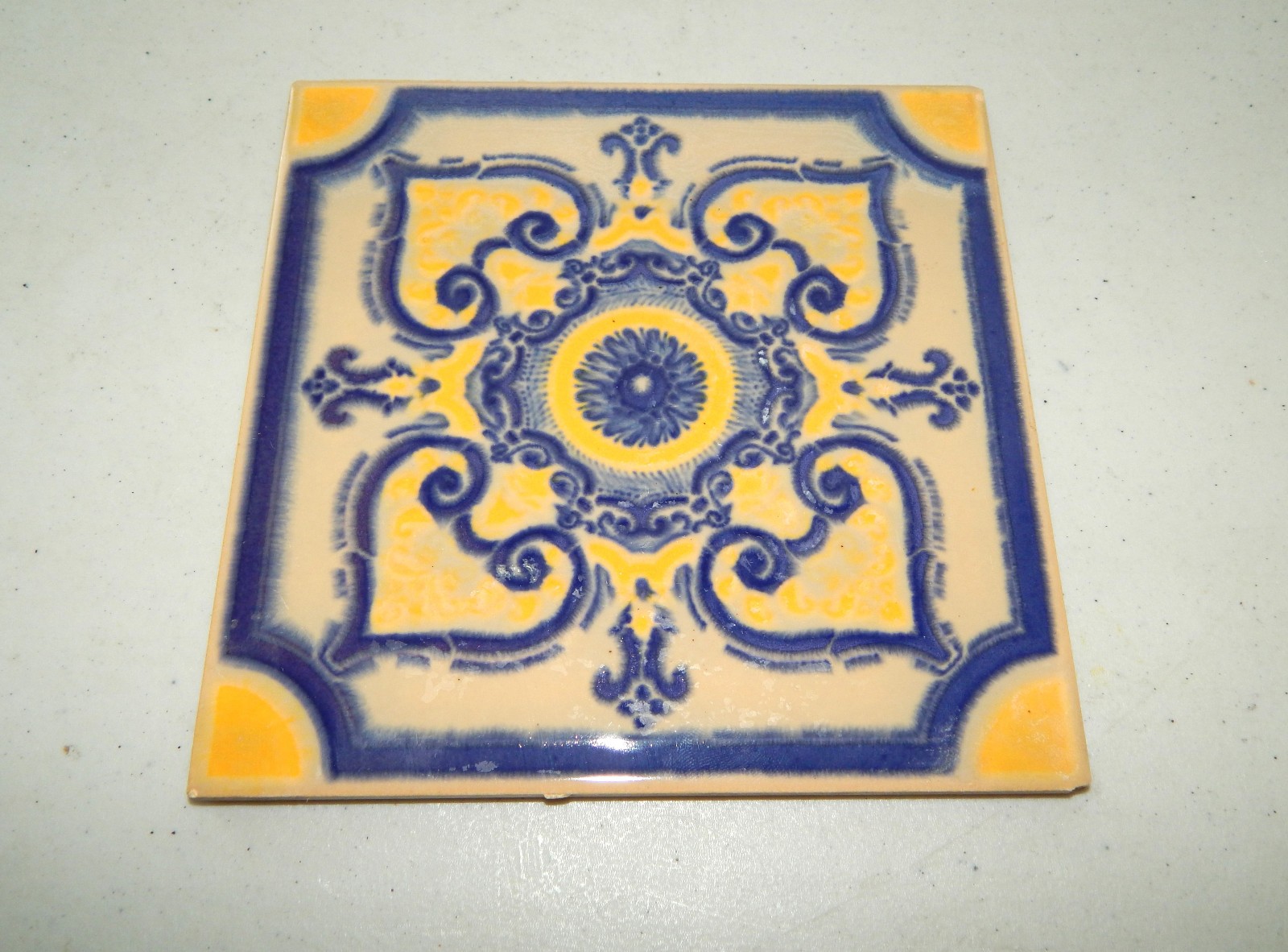 (2) USED Brennand Recife Brasil Brazil Decorative Tile Trivet Yellow Blue 6″X6″