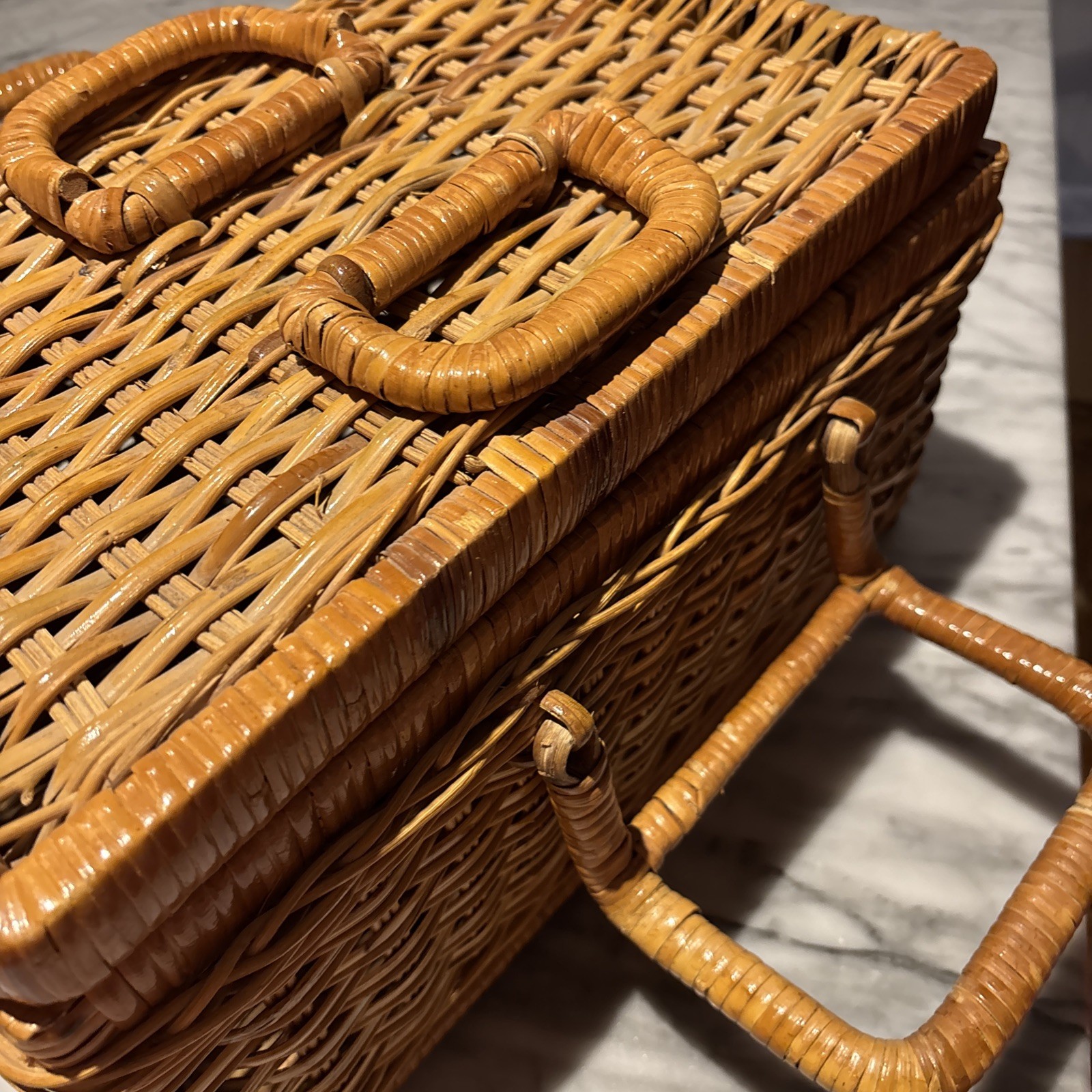 Vintage Wicker Picnic Basket Suitcase Boho Storage Farmhouse Cottage 14.5 x 9×8”