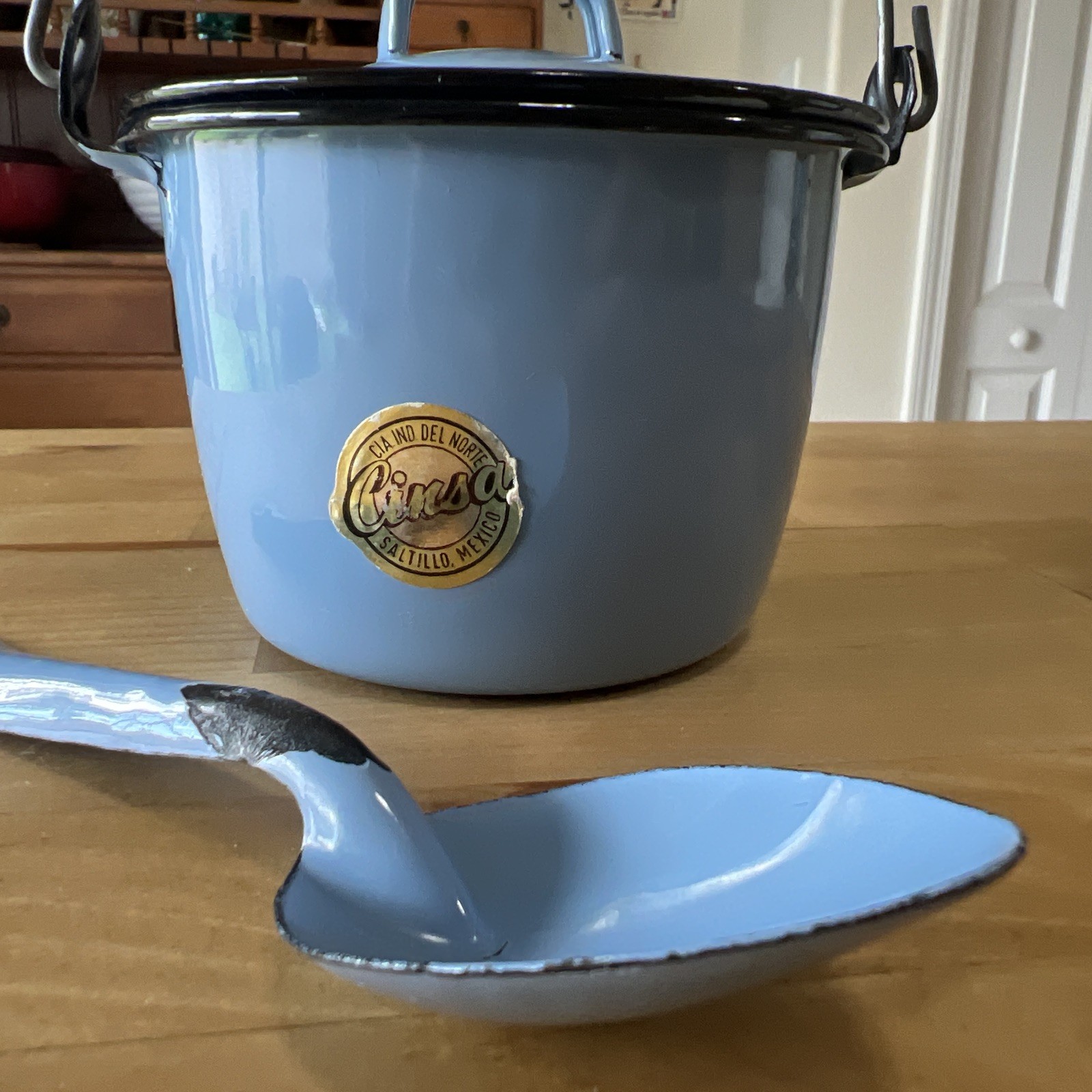 Vintage Cinsa Robins Egg Blue Enamelware Pot with Lid Spoon Berry Basket 4 1/2”