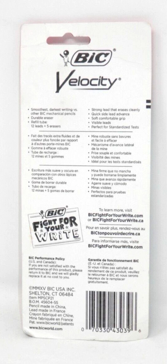 BIC Velocity Side Clic Mechanical Pencils & Refills 0.7 mm Med #2HB Comfort Grip