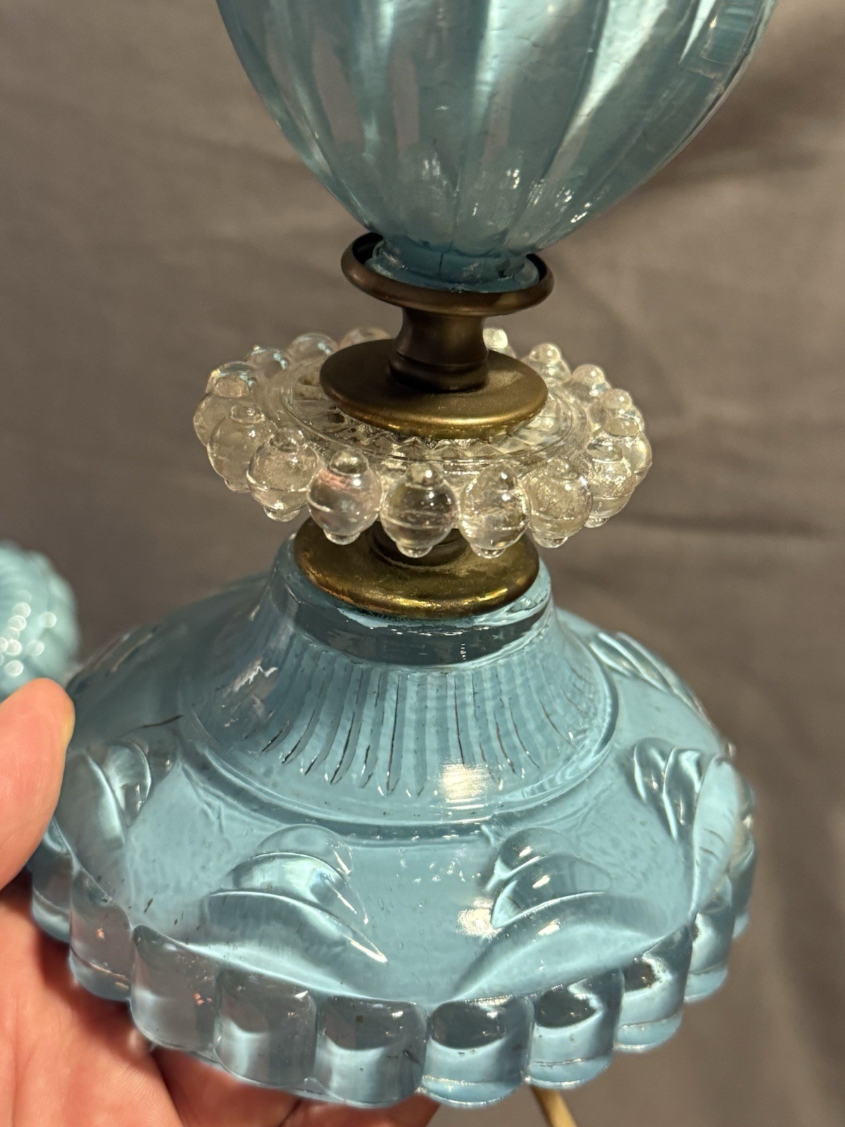 PAIR Vintage Lightning Light Blue & Clear Glass Lamps