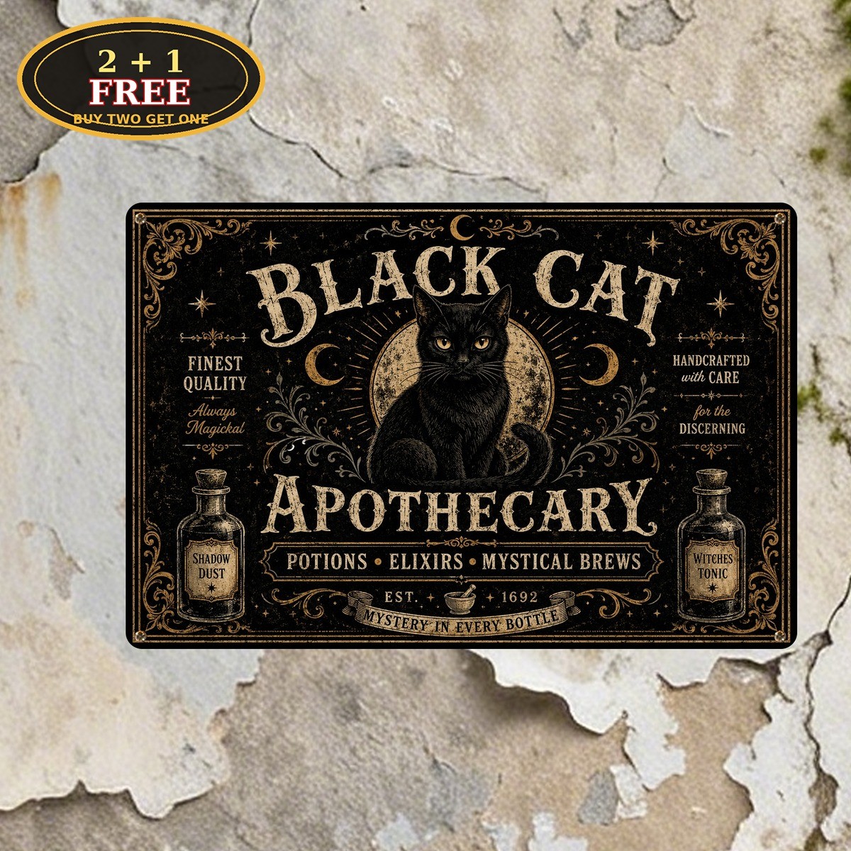 Black Cat Apothecary Fine Potions Witchy Elixirs Halloween Metal Tin Sign Plaque