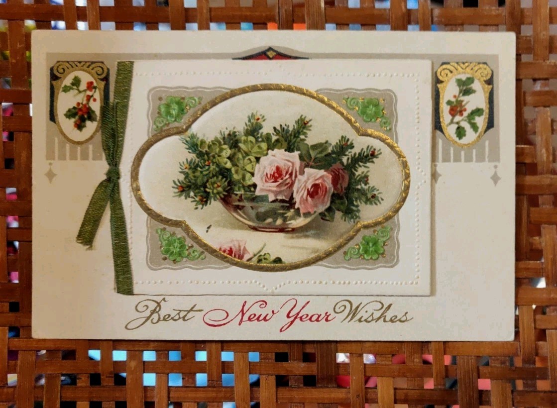 Early 1900s German Booklet Postcard New Year Wishes Rose Poinsettia Unposted VTG