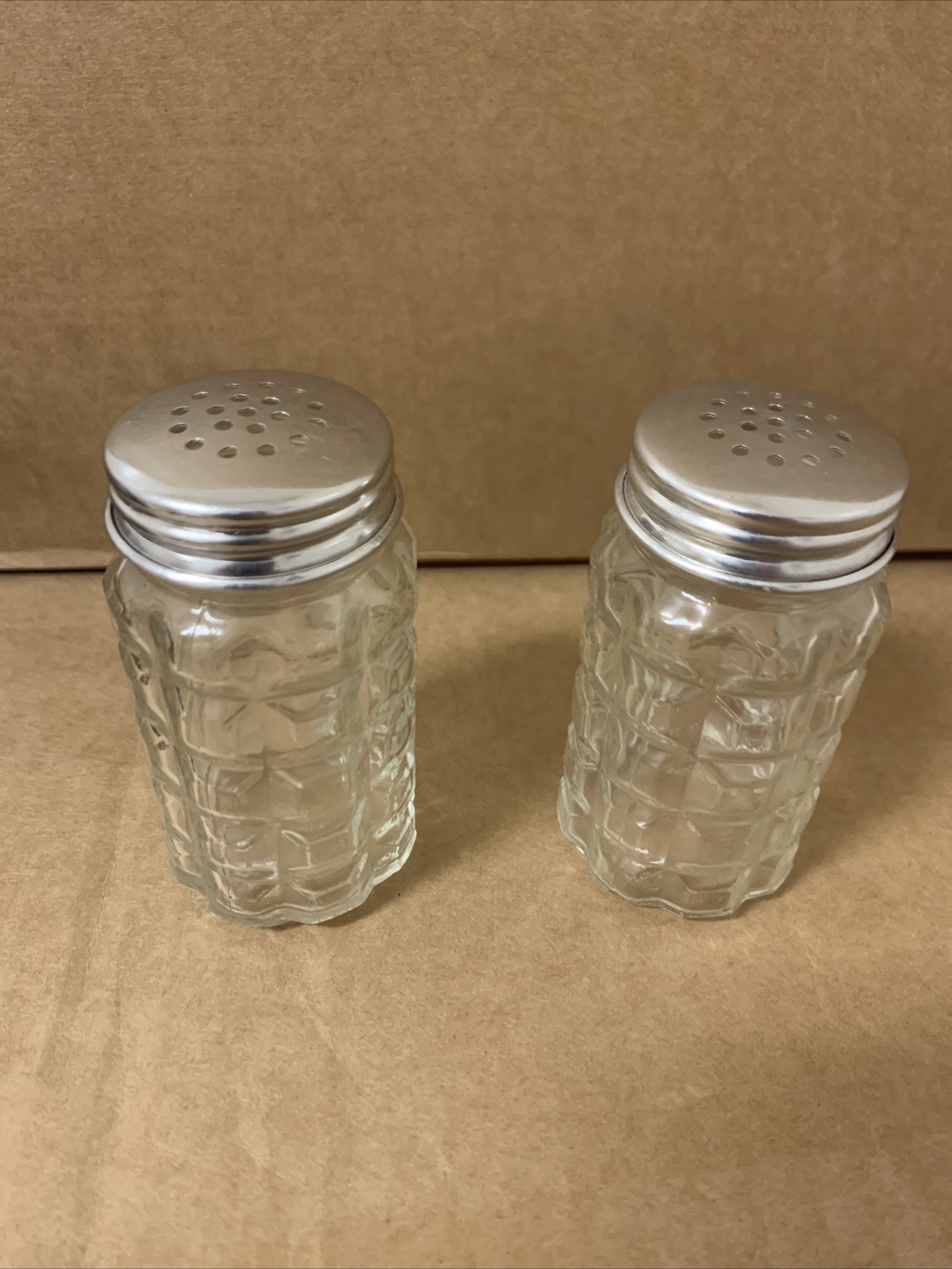 Anchor Hocking Clear Glass Quilt Waffle Pattern Salt & Pepper Shakers Metal Lids